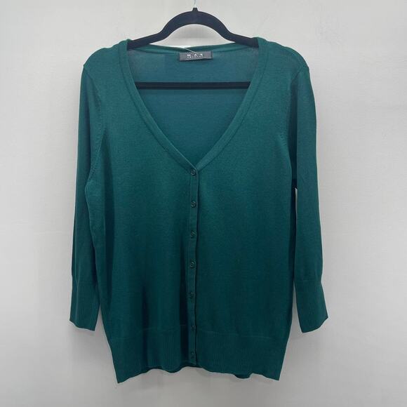 MAK Sweater Cardigan Womens 1X Dark Teal Green V Neck Button Up Lightweight - Picture 1 of 7